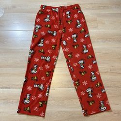 Snoopy Womens Pajama Pants Small Red Peanuts Christmas Drawstring Polyester