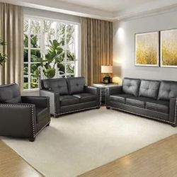 Black Leather Modern Style Three Piece Couch Set