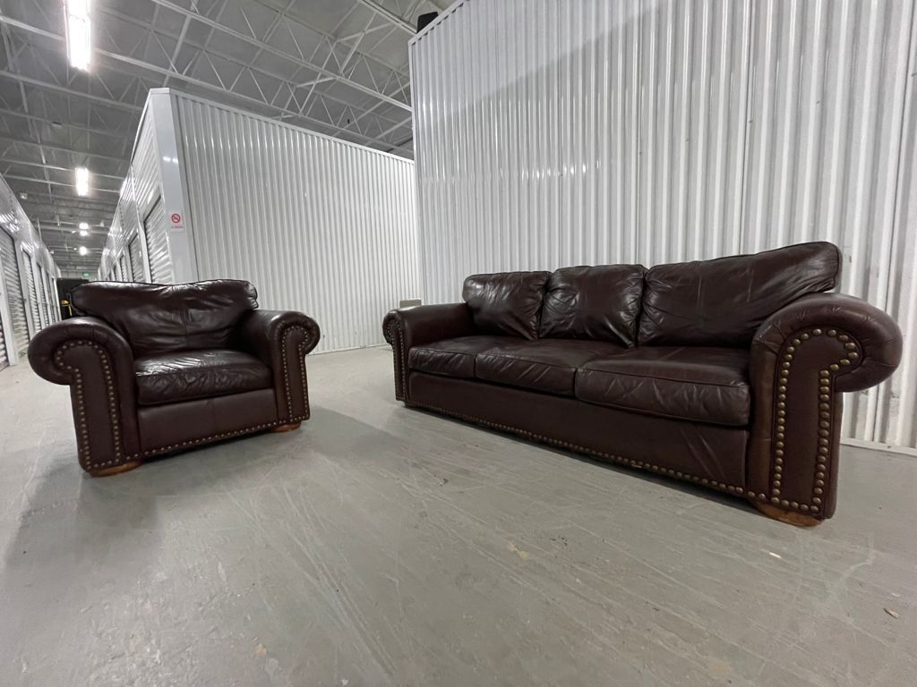Dark Brown Genuine Leather Nail Head Trim Set ( couch & armchair) Free Delivery!!