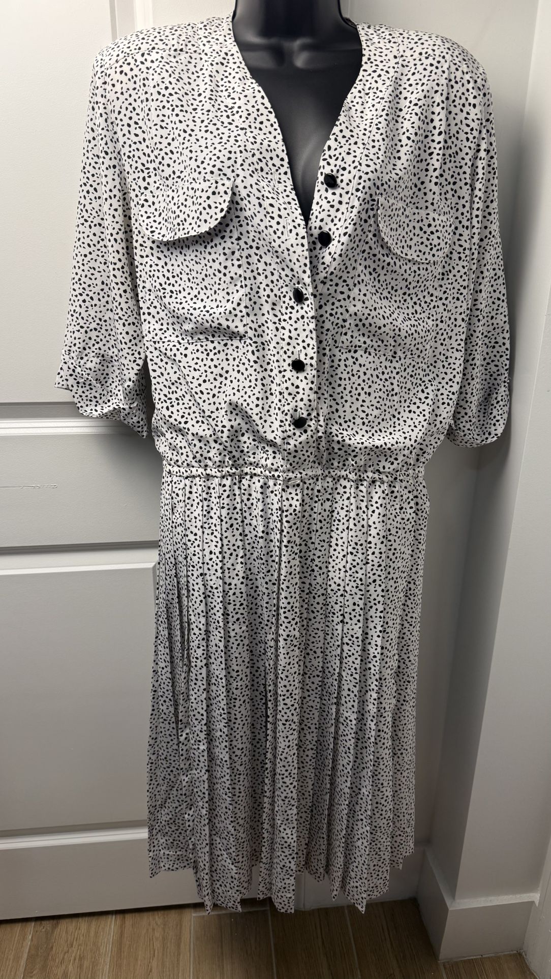 Liz Roberts Vintage Dress Black White Polka Dot Pleated Midi 80s Korea L