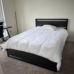 Modern Dark Wood & Black Metal Bed Frame – Sturdy, Stylish Design