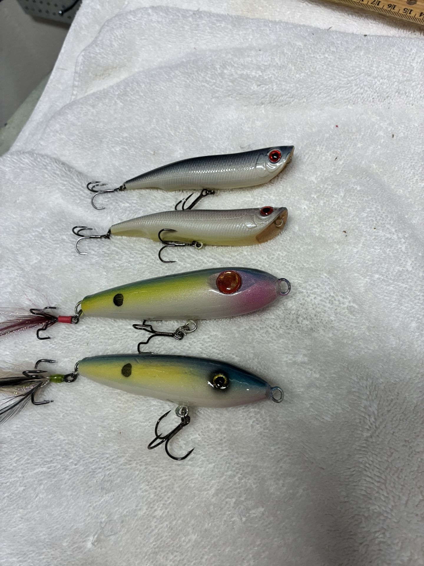 4 New Topwater Custom Fishing Lures, 2 Plastic And 2 Wooden.