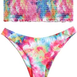 ZAFUL Womens 2 Pieces Bandeau Bikini Set Ruffle Lace up Padded Swimsuits

