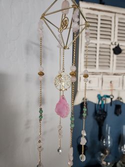 Handmade Rose Quartz Tree of Life Crystal Hanging – Gold Boho Decor