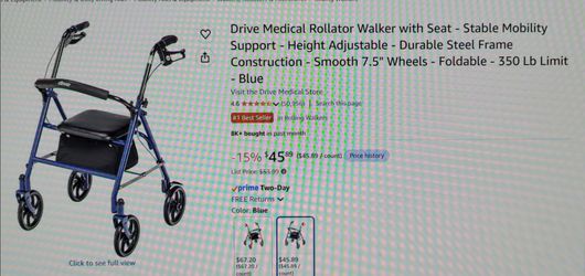 New! Drive Medical Rollator Blue Walker With Seat