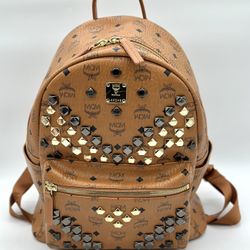 MCM Stark Side Studs Medium Backpack in Cognac Visetos