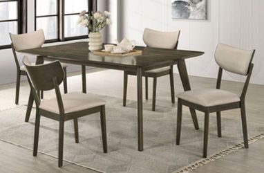 Brand New Dark Walnut & Beige Mid-Century Style 5pc Counter Height Height Dining Table Set