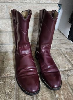 Justin Burgundy Leather Roper Cowboy Boots Size 9.5 Mens