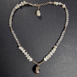 Handmade Necklace 5-6mm Natural White Pearls, 13mm Black Tahitian Pearl, 15" Silver Clasp