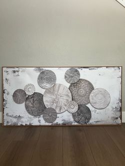 BRAND NEW 58x29 Wood Framed Taupe/Grey/White Boho Layered Plates Canvas Artwork