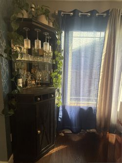 Corner Bar Cabinet – Wood, Glass Shelving & Stemware Rack