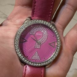 GUESS 20th Anniversary Women's Wristwatch Pink Gem-Set Dial Leather Band