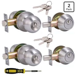 2 Sets All Keyed Same Entry Door Knob and Single Cylinder Deadbolt Combo Set, Round Ball Satin Nickel Exterior Door Knobs with Lock and Keys for Entra