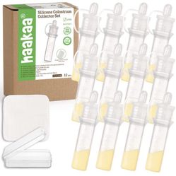 haakaa Colostrum Collector Sets Includes 2 Portable Cases and 2 White Cotton Cloth Wipes for Breastfeeding Moms to Collect Store and Feed Colostrum, 0