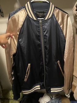 navy and gold satin bomber
