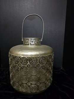 Silver Metal Moroccan Geometric Hanging Lantern Candle Holder, Pillar, Indoor Outdoor 12 ×14"