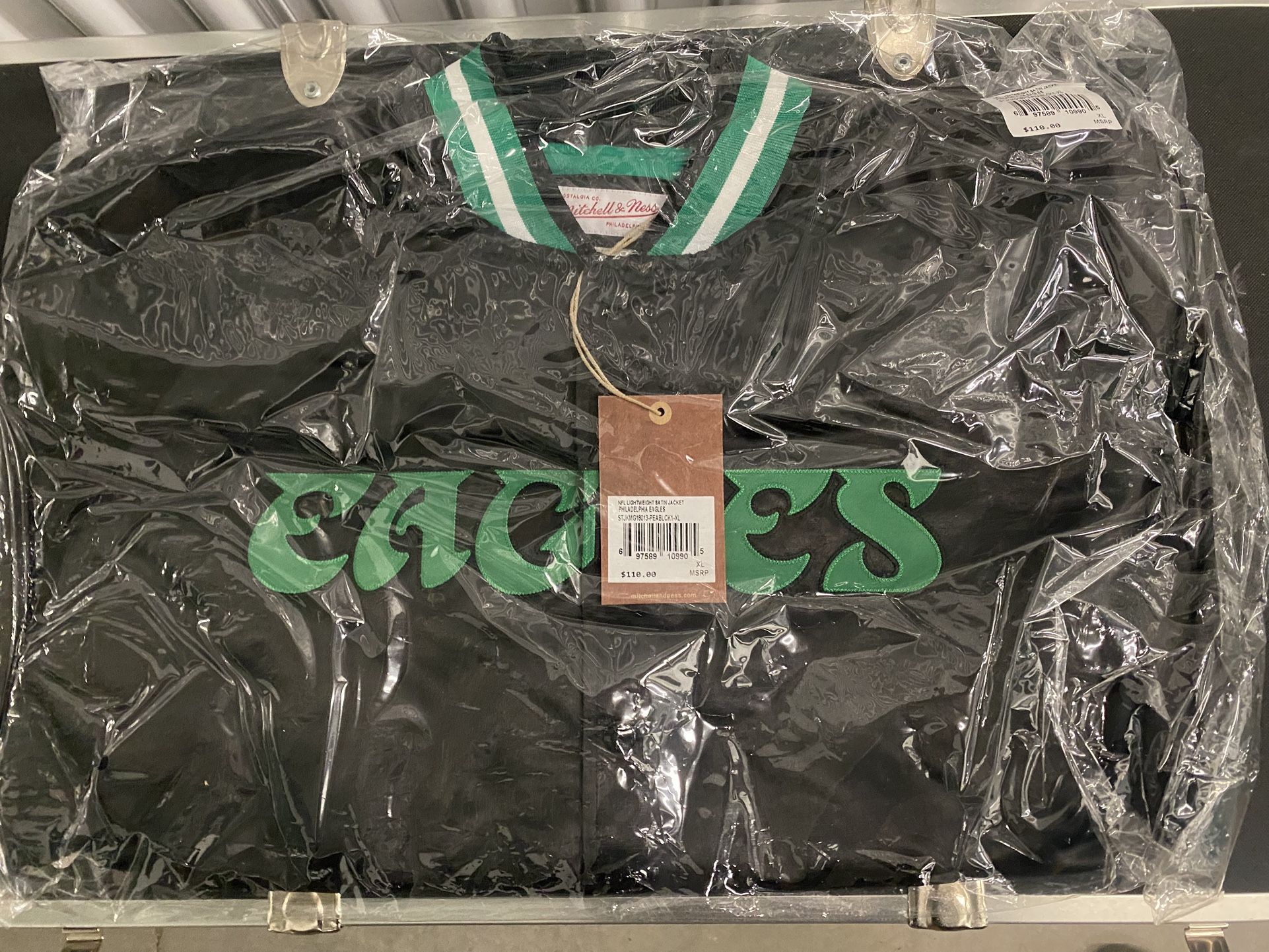 NEW Philadelphia Eagles Varsity Black Satin Jacket by Mitchell & Ness, Sticker Patch