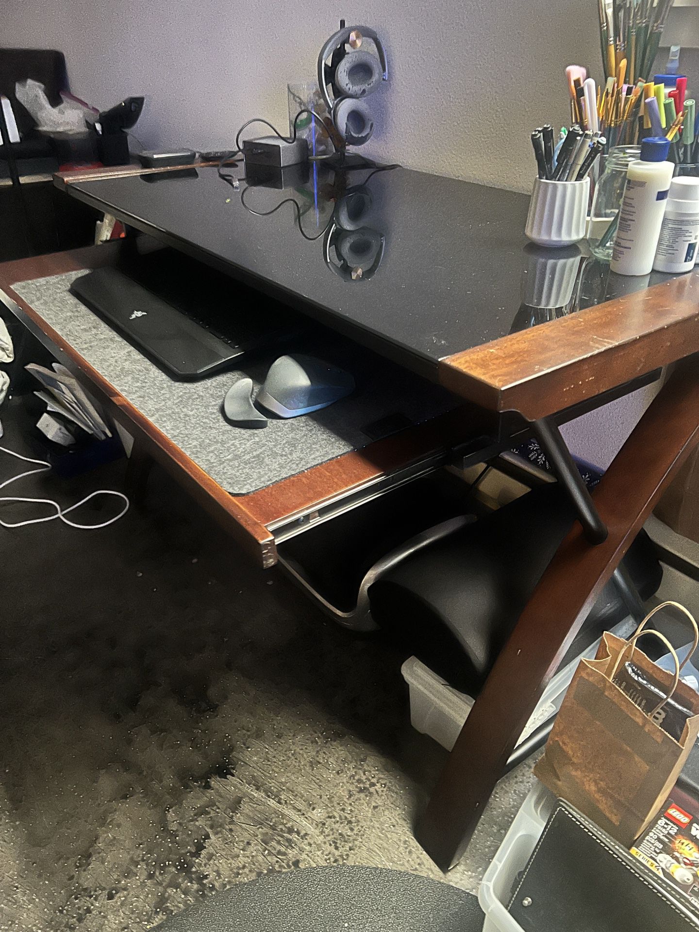 Wood + Glass Top Desk w/ Keyboard Tray