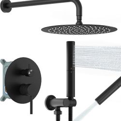 Shower System with 10" Round Rain Head and Handheld Wall Mounted High Pressure Rainfall Combo Black