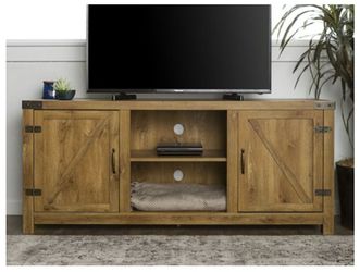 "Natural Wood Finish TV Stand Barn Door inspired up to 65"" with Multiple Shelves"