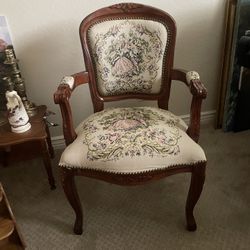 French Louis XV Style Carved Wood Arm Chair With Needlepoint Upholstery 