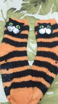 Halloween Black Cat Furry Fleece Novelty socks w/ non skid bottoms