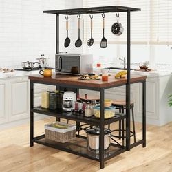 Garvee 47-Inch Kitchen Island with Power Outlet, Storage, 3-Tier Shelf, 5 Hooks, Brown Black