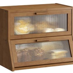 GHWIE Double Layer Bamboo Bread Box for Kitchen Counter,Large Capacity Bread Storage Bin, Bread Container with Acrylic Wavy Door Panel (Brown, Medium)