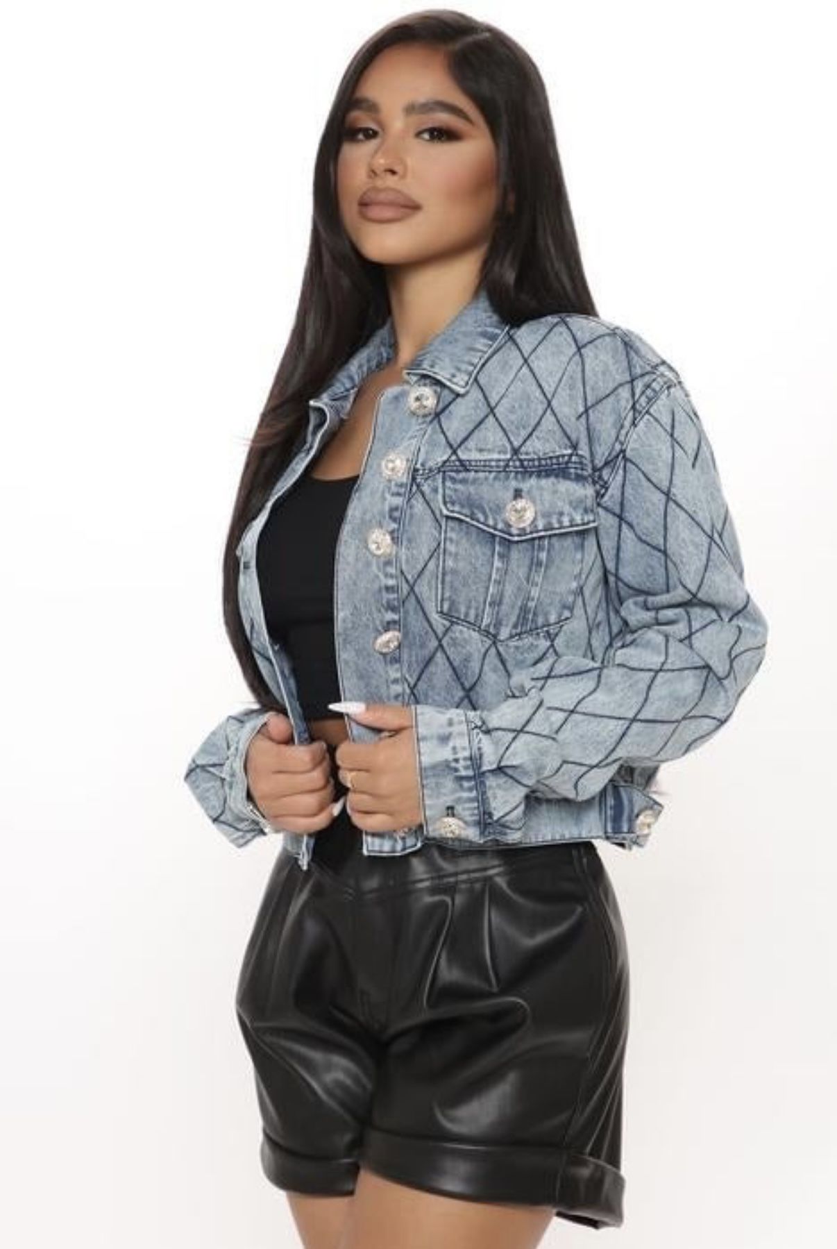 Fashion Nova Quilted Stitching Denim Jacket Size Medium