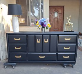 7 Drawer Dresser with 2 Doors to Shelved Area- Solid Wood- Black with Gold