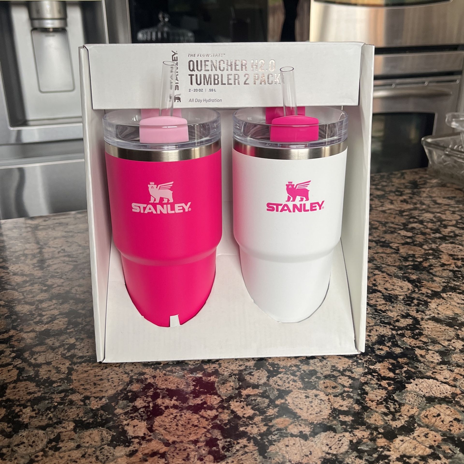 Stanley 20 oz Stainless Steel 2 pack Quencher H2.0 Tumblers Pink Vibes White Barbie. Please serious buyers