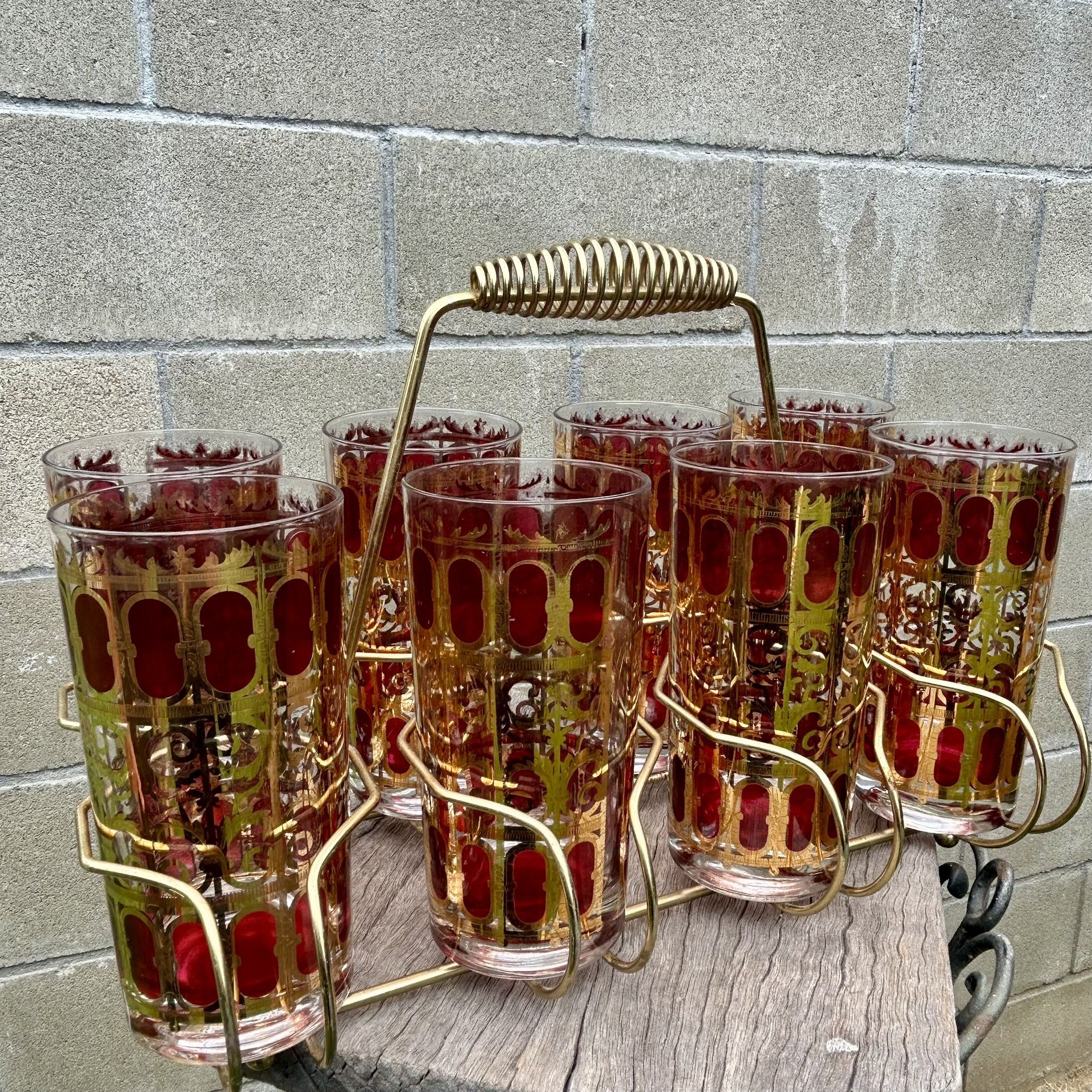 Vintage Mid Century Glass Set — Culver Scroll Cranberry 22k Gold — *25 Pieces Total Includes Metal Carrier/Caddy