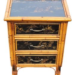 Beautiful Vintage 1940s Hand-Painted English Bamboo & Chinoiserie Lacquer End Table 3 Drawer Nightstand 25"H x 14.5"D x 19.5"W 19th Century Chest