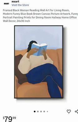 NEW-Framed Black Woman Reading Wall Art for Living Room, Modern Funny Blue Book Brown Canvas Picture Artwork, Portrait Painting Prints for Dining Room