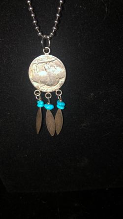 Buffalo Head Nickel With Turquoise And Silver Feather pendant. Indian Head On Other Side.