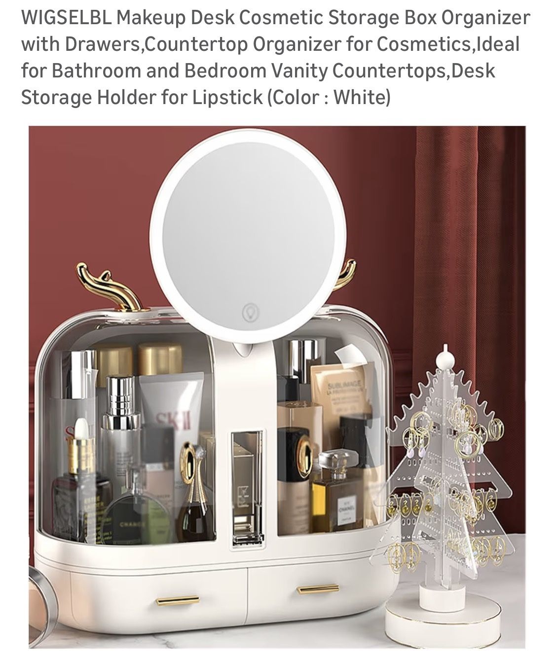 Xmas Theme Makeup/jewelry Organizer With LED Mirror, White, New