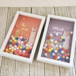 Hello Llama & No Prob Llama Shadow Box White/Silver Framed Fun Wall Decor Filled with Colorful Pom Poms in Red and Purple Backgrounds each with A Sati