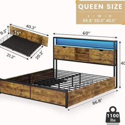 BTHFST Queen Bed Frame with Storage Headboard & Drawers, Metal Platform Bed with Charging Station, LED Bed Frame, Heavy Duty Steel Slats Support, No B