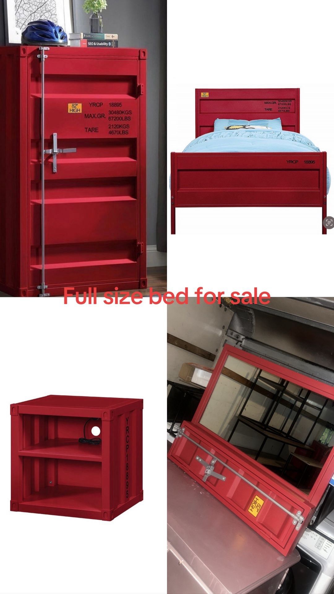 Full size, bed, dresser, nightstand, and mirror