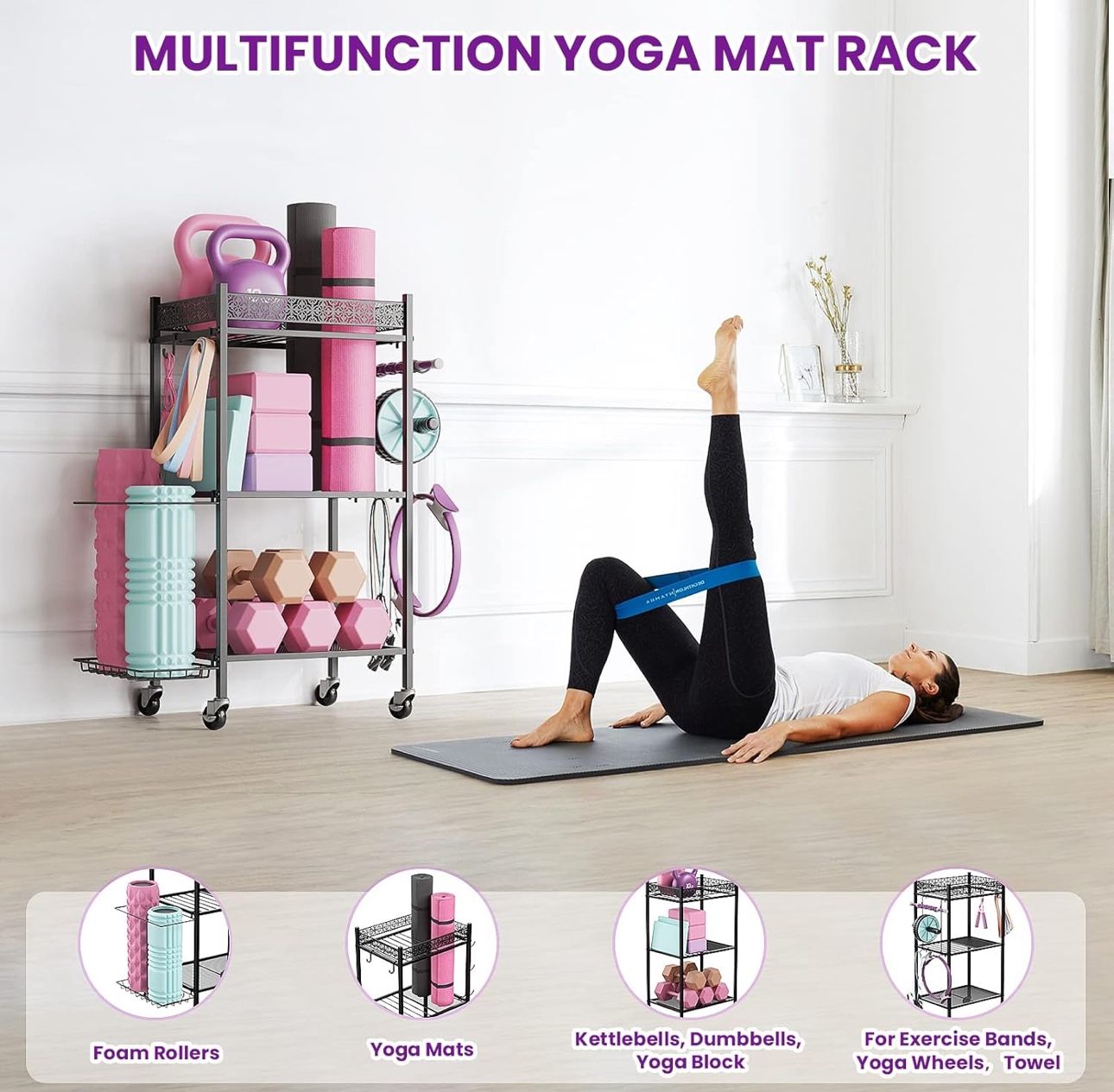 (3031)Yoga Mat Storage Rack Home Gym Equipment Workout Equipment Storage Organizer Yoga Mat Holder for Yoga Mat Foam Roller Dumbbells Kettlebells Res