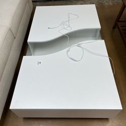 55.1 in. W White Rectangle Wooden Coffee Table, Side Table, End Table with 2 Drawers & Visable Decored Light