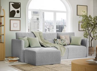 Beautiful Drew Modular Sectional Sofa with Ottoman by Drew Barrymore, Gray Fabric
