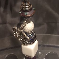 Beaded Purple Silver & White Ballpoint Pen With Crown Charm