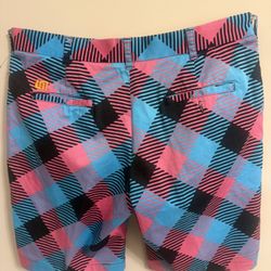 LOUDMOUTH Mens Golf Shorts Sz 36 Argyle Plaid Pink Blue Colorful Loud Light. Item Is in good preowned condition normal signs of use small marks on lef