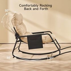 C225 $50 Adjustable Backrest Rocking Chair, Patio Rocking Chair with Cushion Beige, Papasan Chair with Footrest, Indoor & Outdoor Rocker Chair for Li