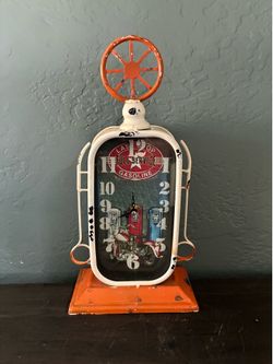 Gasoline Motorcycle Metal Clock. SunRay. Full Service. Last Stop. Distressed.
