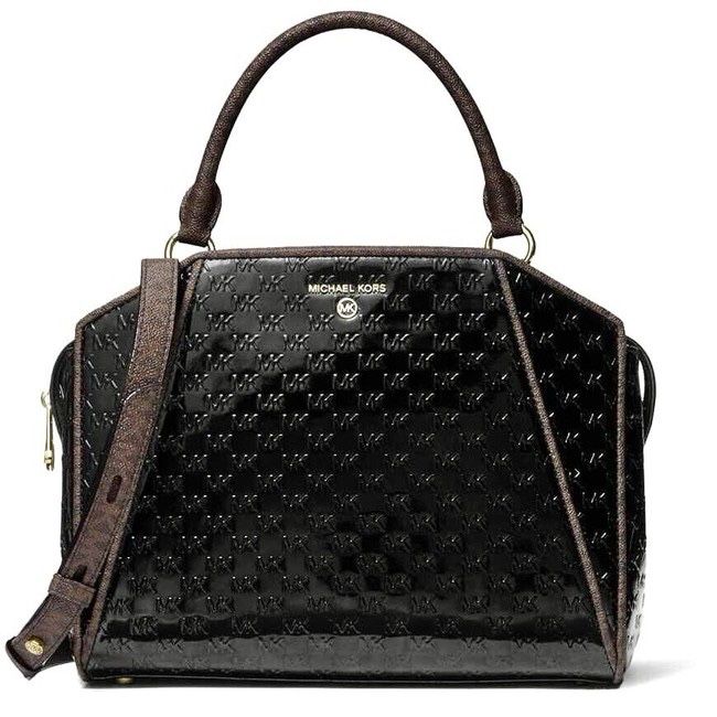 Michael Kors Cleo Logo embossed Patent-leather Handbag in Black Lyst w/ removable shoulder strap