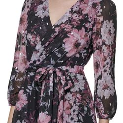 Eliza J Floral Metallic Fleck High Low Dress Purple Black Belted Long Sleeve , Sz 6