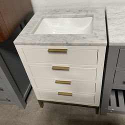 24” White Solid Wood Bathroom Vanity with Marble Top (V45)