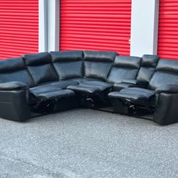 REAL LEATHER BLACK SECTIONAL COUCH - MANUAL RECLINER - DELIVERY AVAILABLE 🚚